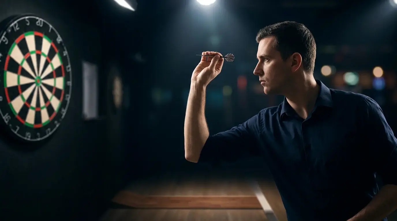 Darts Spieler-Analyse – Nahaufnahme eines Darts-Spielers am Oche beim Wurf mit konzentriertem Blick