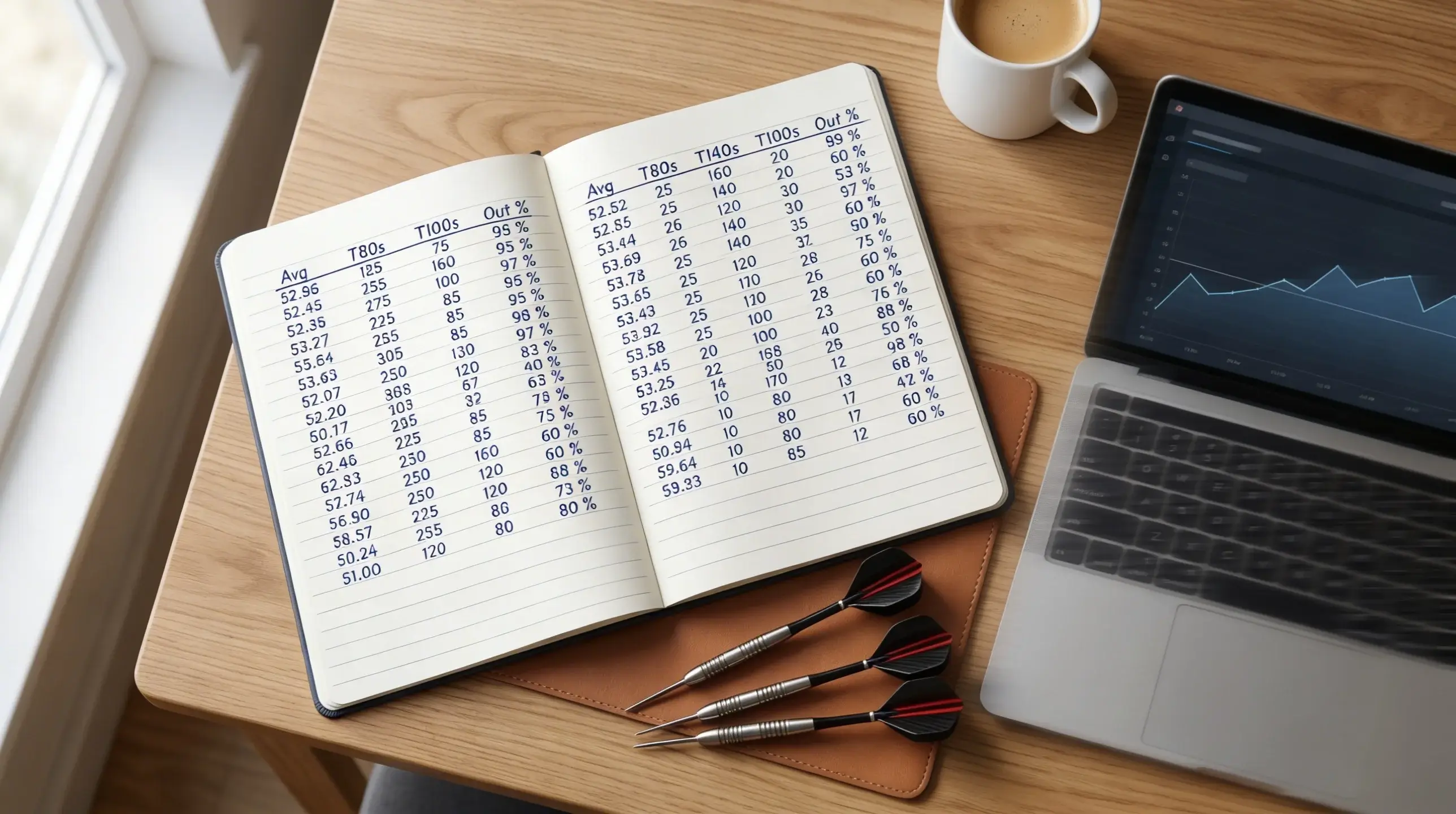 Darts Statistik-Analyse – Notizbuch mit handgeschriebenen Spielerstatistiken neben einem Laptop mit Darts-Daten
