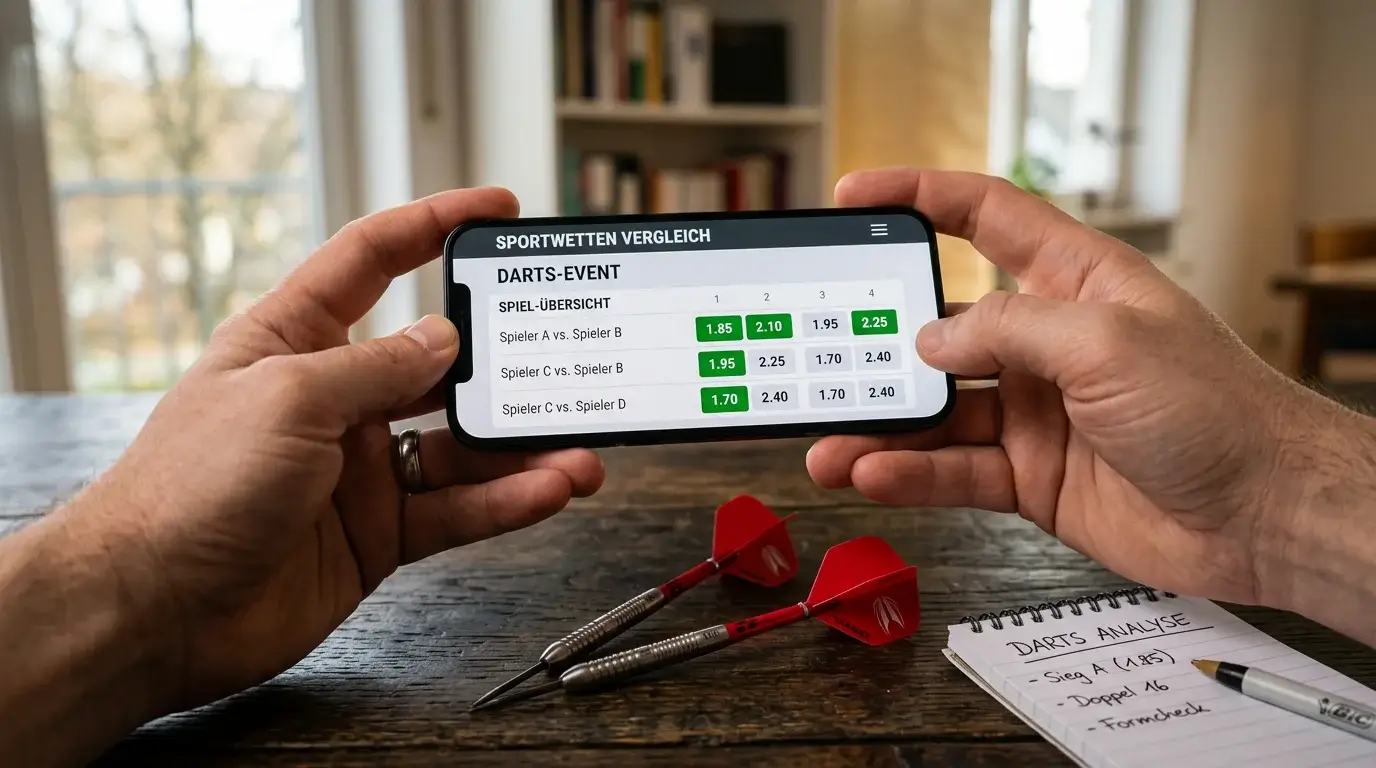 Darts-Wettanbieter Vergleich Deutschland – Smartphone mit Sportwetten-App neben Dartpfeilen auf einem Schreibtisch