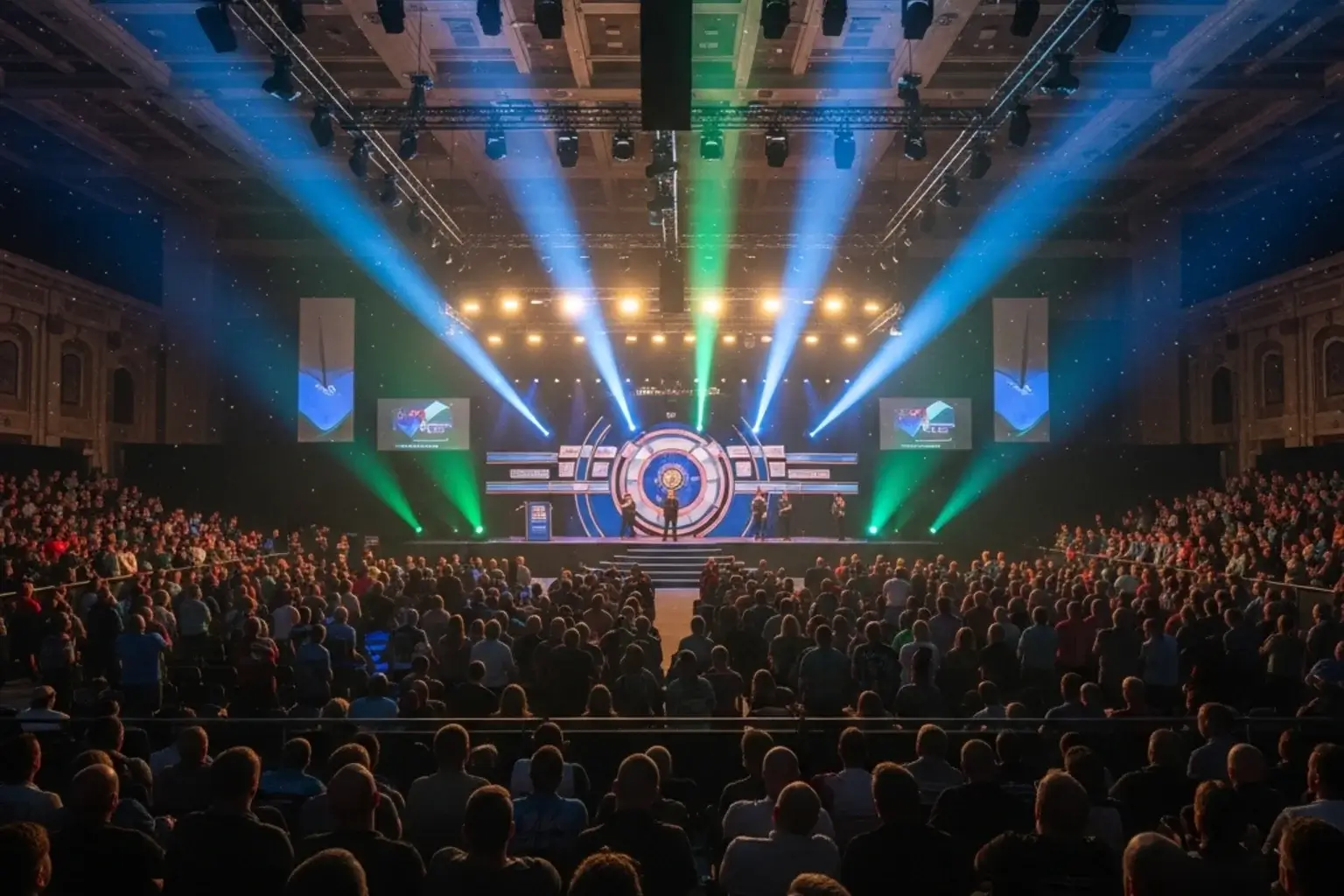 PDC Turnierkalender 2026 – Alexandra Palace Bühne mit Darts-Publikum während der WM